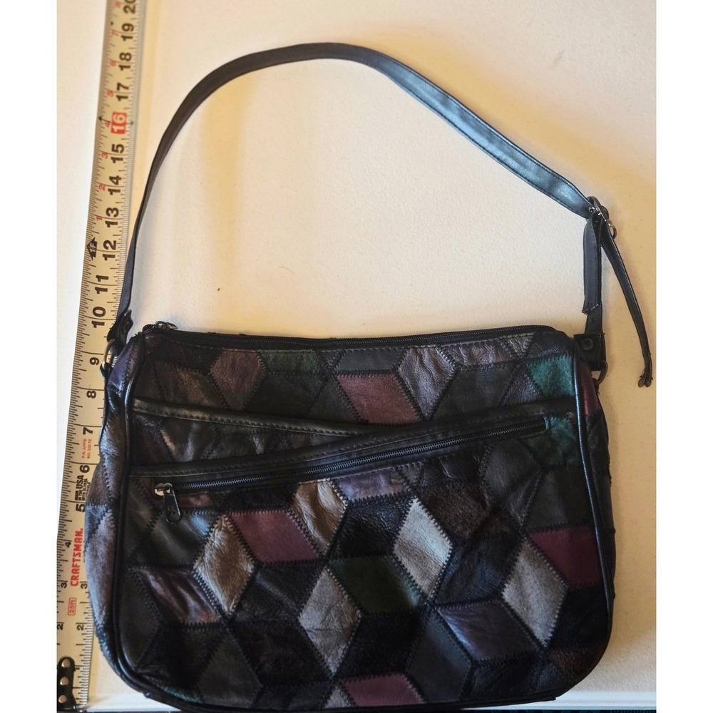 Vintage‎ Patchwork Leather Shoulder Bag Black Multicolor Geometric Purse